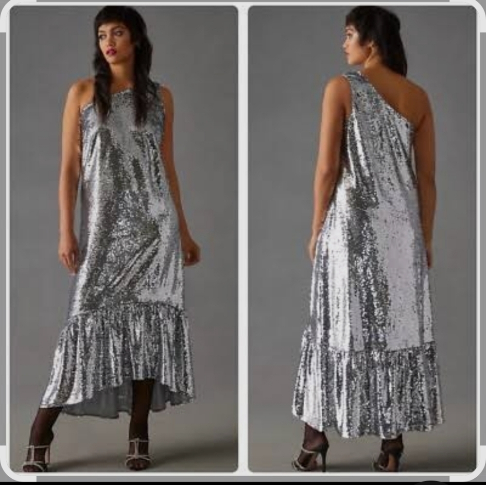 Anthropologie Silver Sequin One-Shoulder Dress